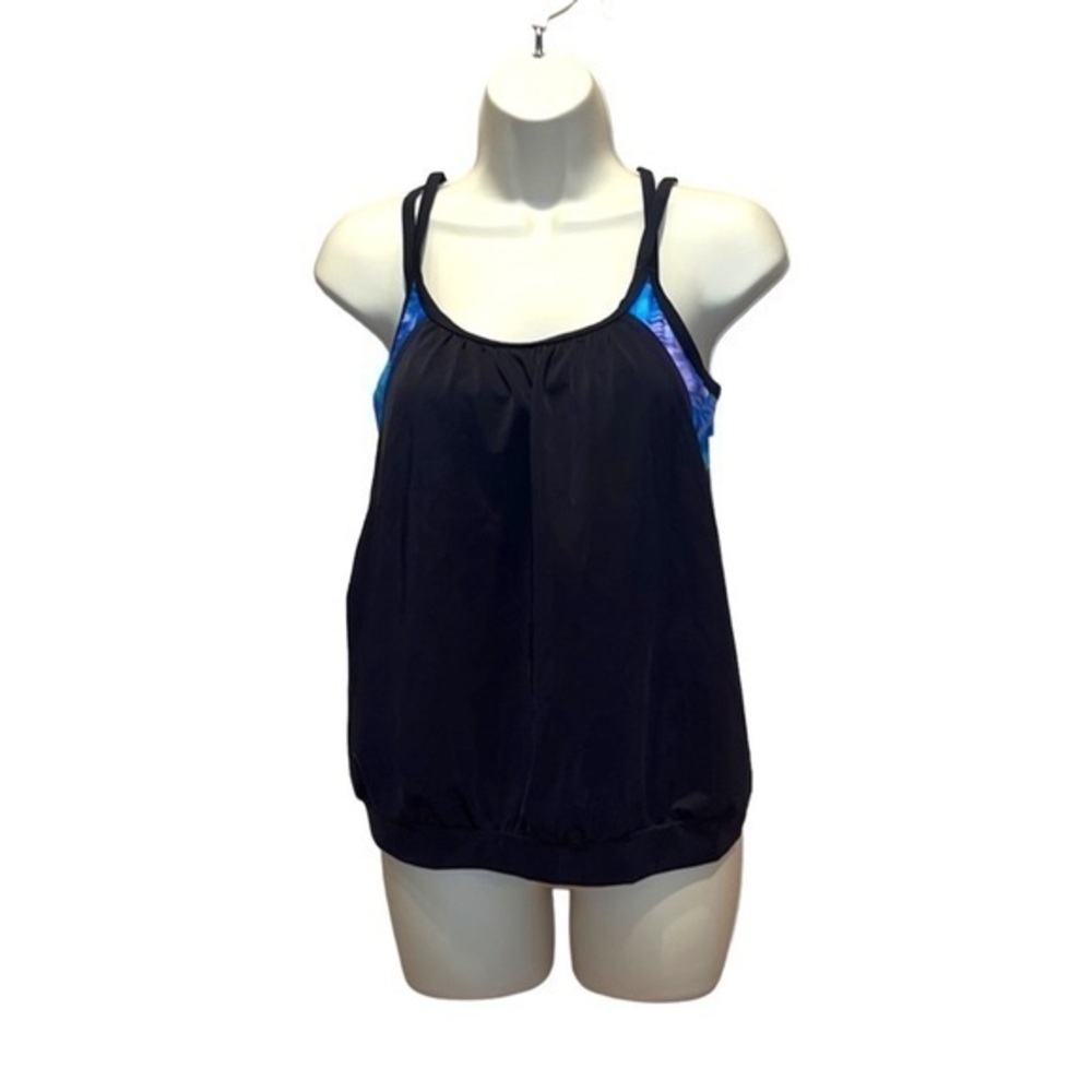 New Women’s Aqua Tech Blouson Tankini Top Blue Tie Dye Black Medium NWT